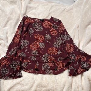 a.n.a Maroon Floral Bell Sleeve Blouse